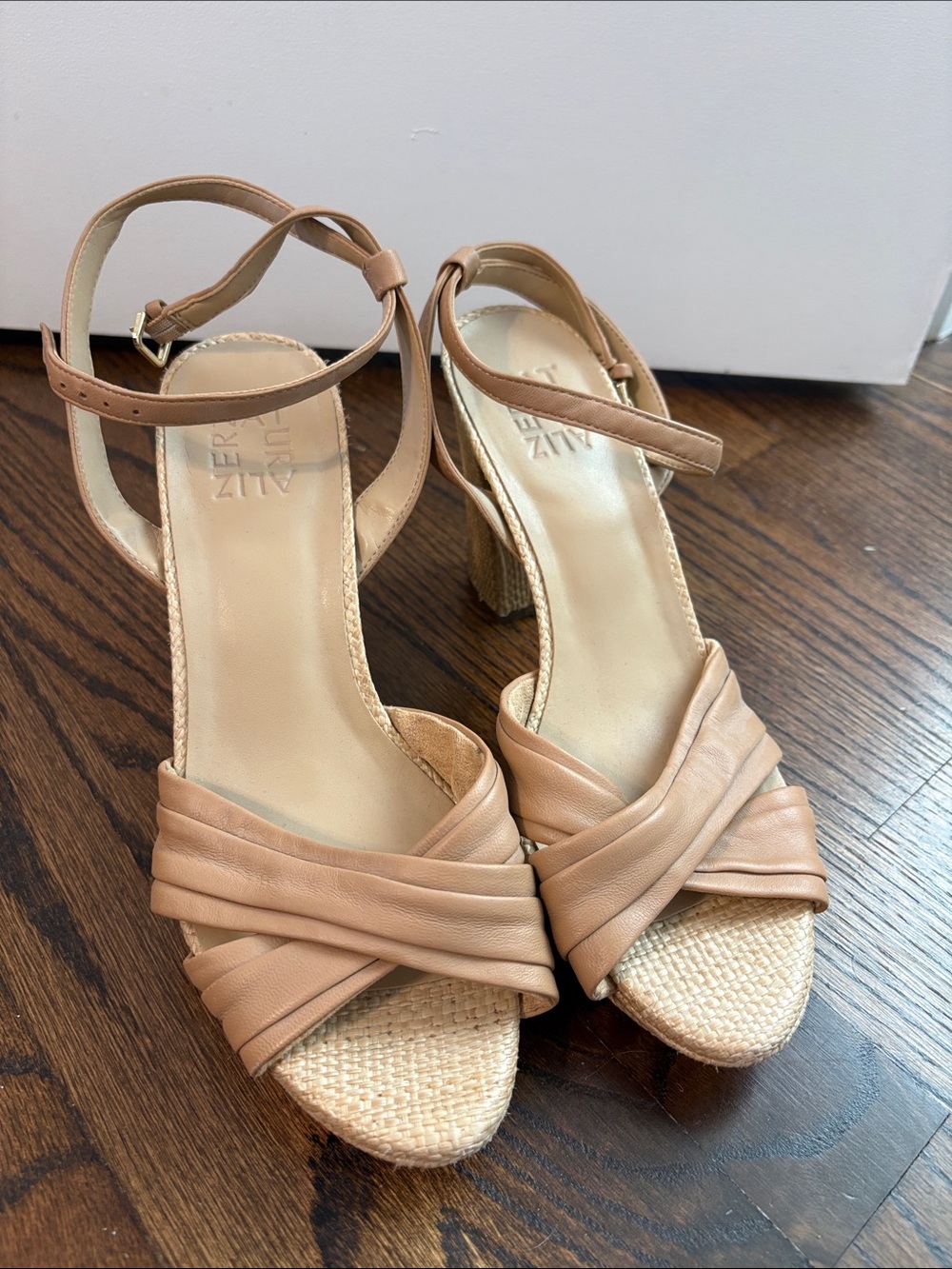 Naturalizer Tan Leather Wedge Sandals with Ankle Strap - Size 8.5W